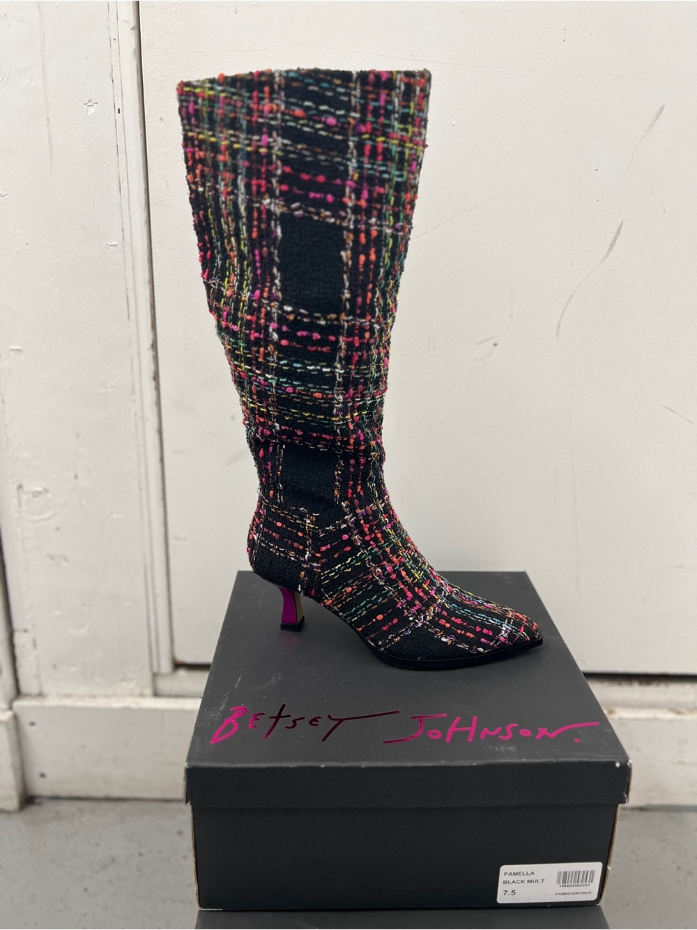 Betsey Johnson Black Tweed Knee-High Boots with Multicolor Stitching